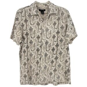 Kenneth Cole New York Tan Paisley Snap Button Down Shirt Womens L Boho Chic